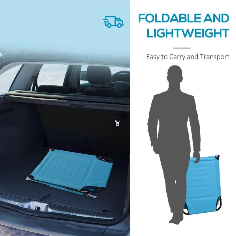 Foldable light blue sun lounger with black frame, shown ready to carry