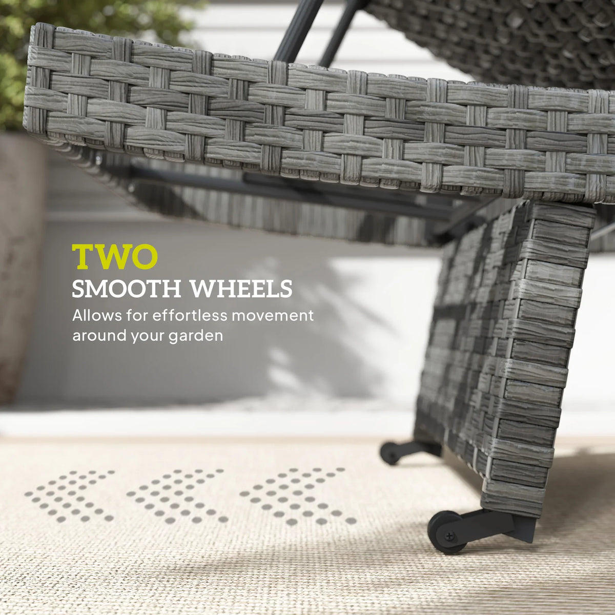 Dark gray woven rattan sun lounger with smooth wheels for easy movement
