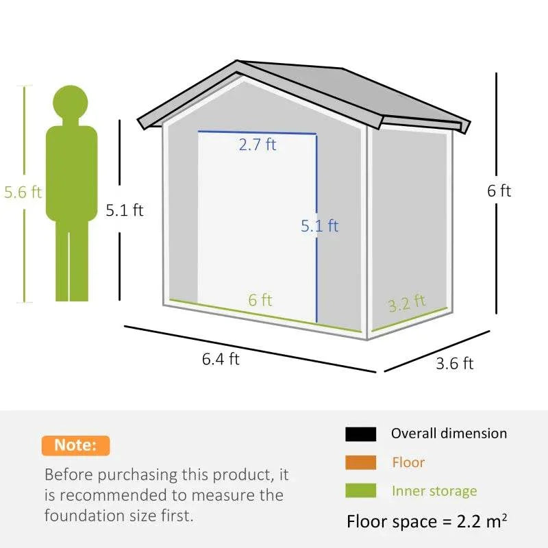 Metal garden storage shed diagram with labeled dimensions and inner floor space