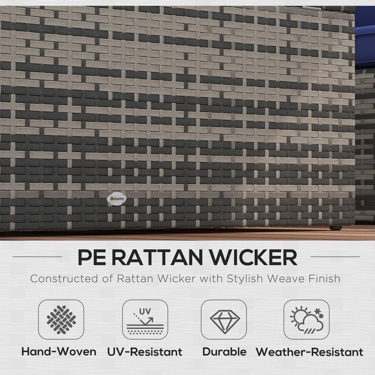 Close-up of gray PE rattan wicker with weather-resistant woven pattern