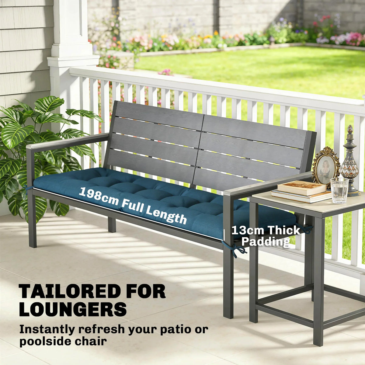 Blue tufted lounger cushion pad with visible corner ties on outdoor bench