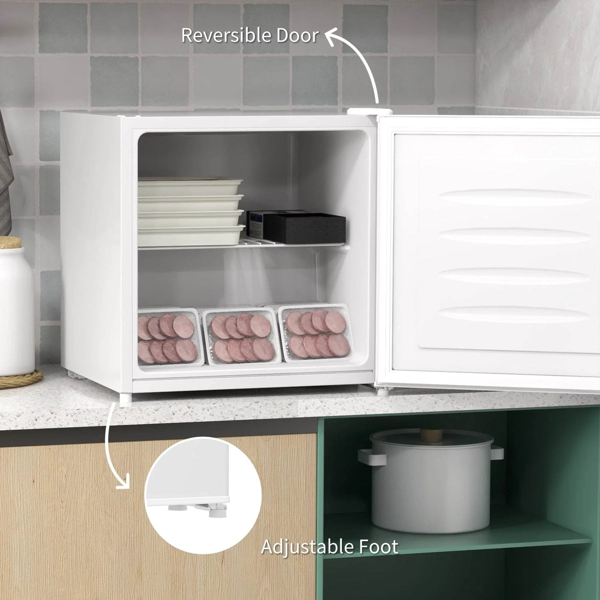 White mini freezer with open door, interior bins and adjustable leveling foot.
