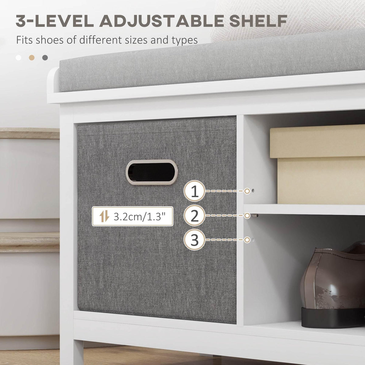 Shoe storage bench with adjustable shelves behind gray drawer fronts