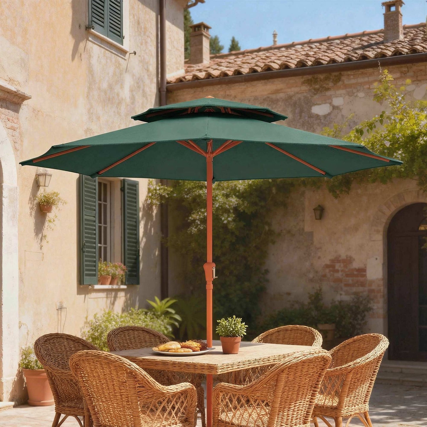 Outsunny 2.7 Meter Garden Parasol With Double Top Canopy Outdoor Market Table Umbrella With Crank System Green