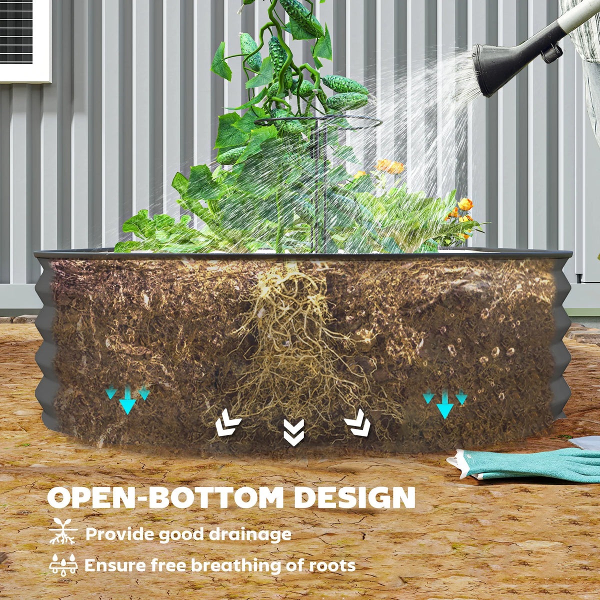 Dark grey galvanized steel raised bed planter with open-bottom drainage design