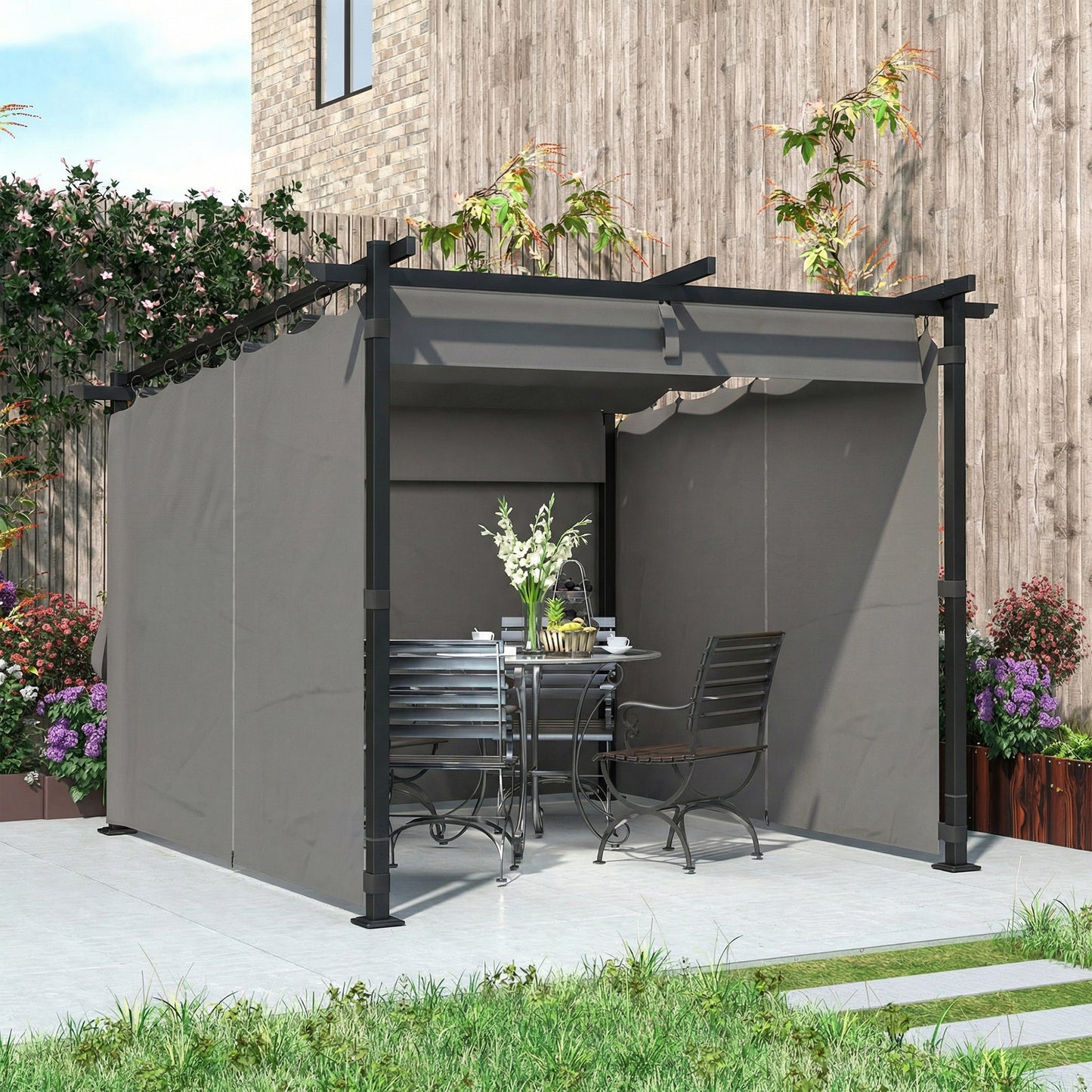 Outsunny 3 X 3 M Retractable Roof Pergola With Curtains Light Grey Outdoor Shade