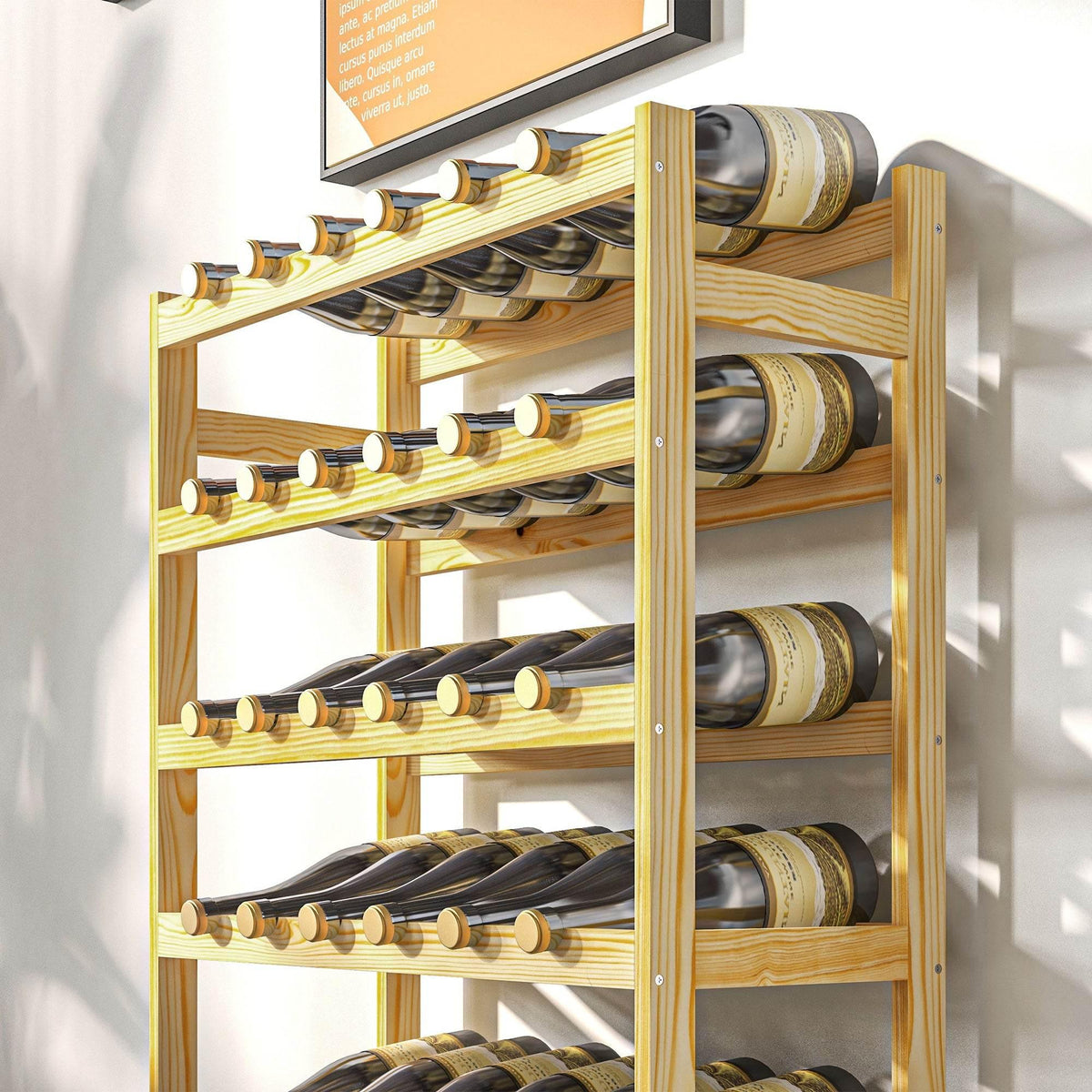 Pine wood wine rack with dowel supports for bottles in multiple tiers