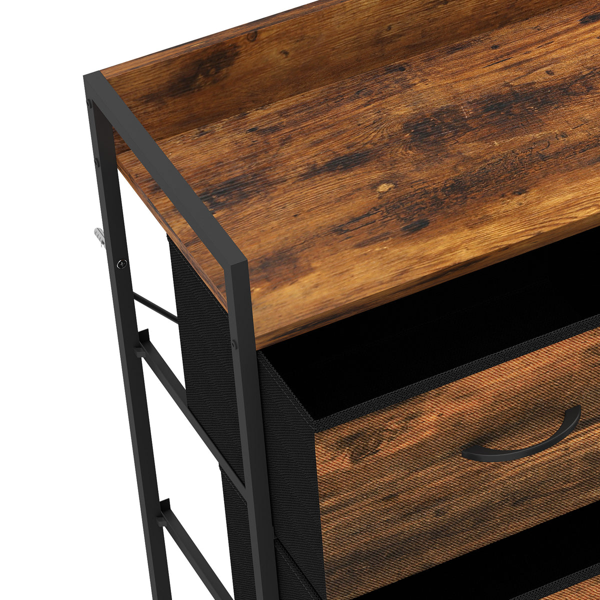 Close-up of rustic brown fabric drawer with curved metal handle and dark frame side support