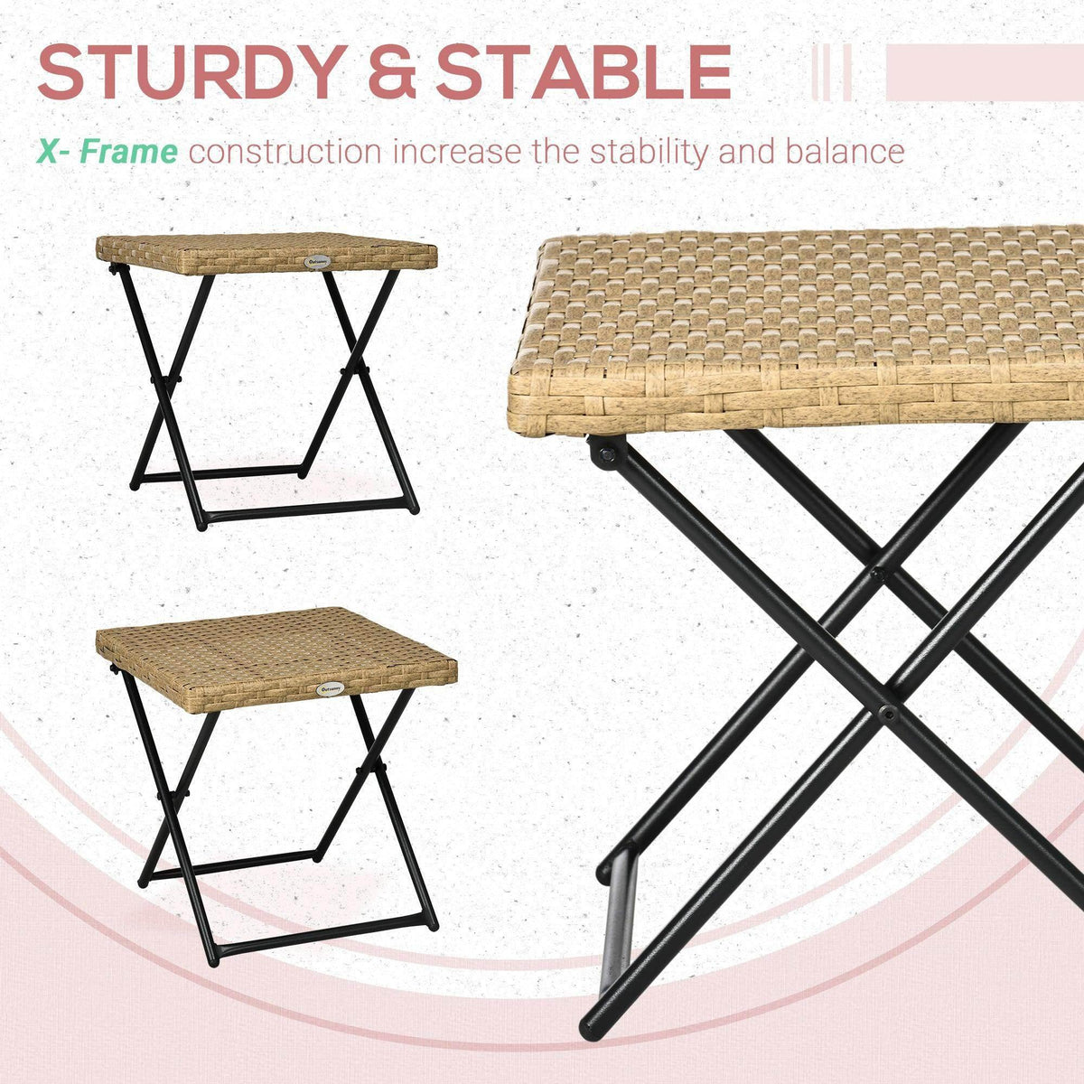 Natural woven rattan square folding table with black sturdy X-frame