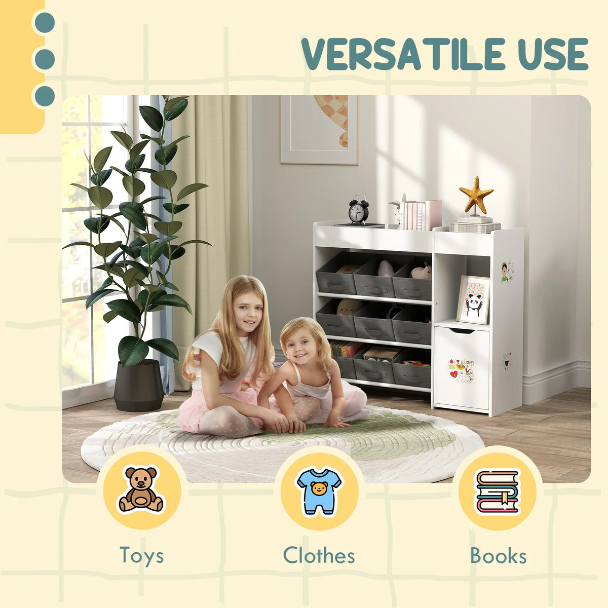 White kids toy storage organizer for toys, clothes, and books, with gray removable bins