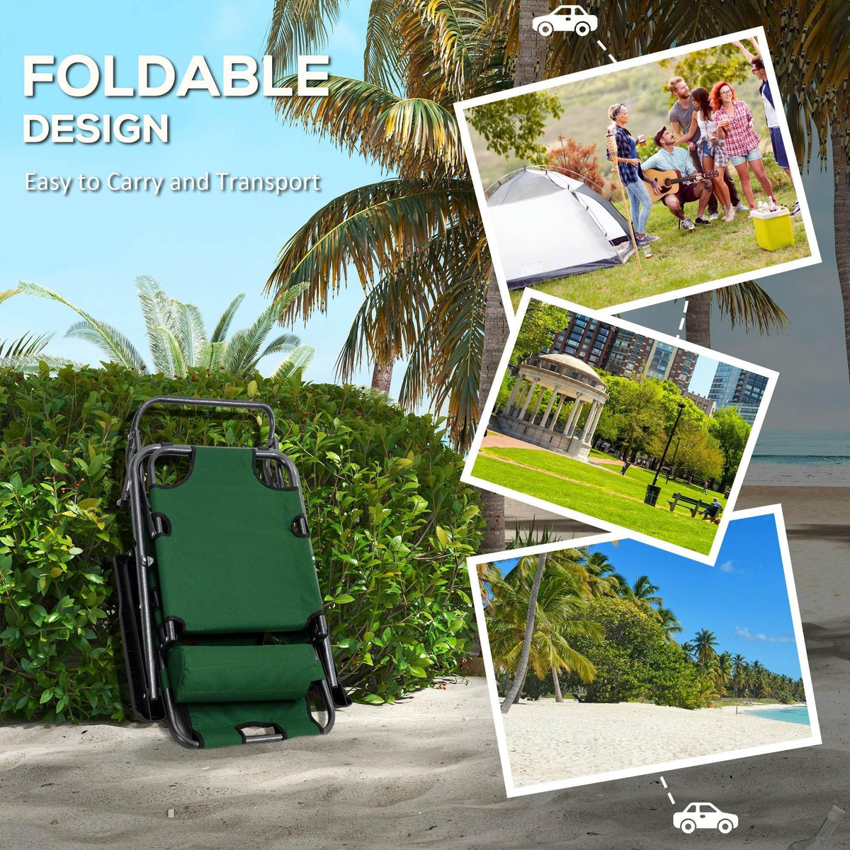 Foldable green sun lounger chair with carrying handles and padded seat