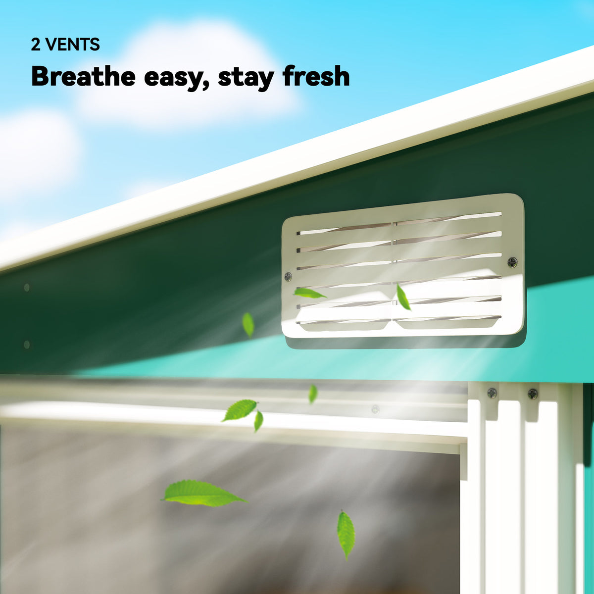 Green shed roof vent with louvered airflow panel for two vents