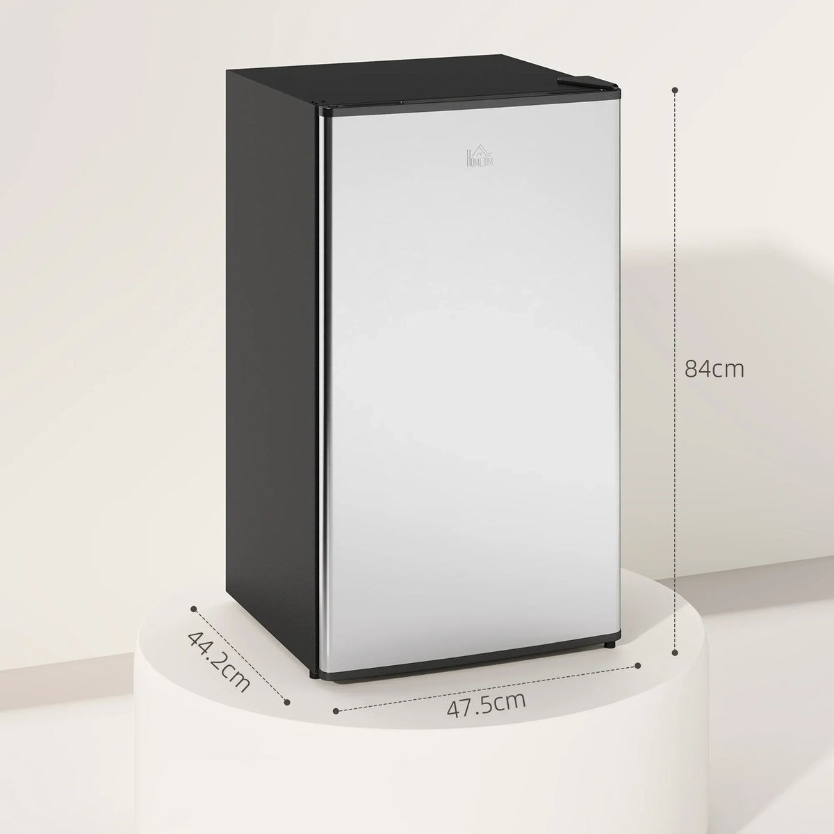 Mini under-counter fridge with black top and sides, white front door panel, compact