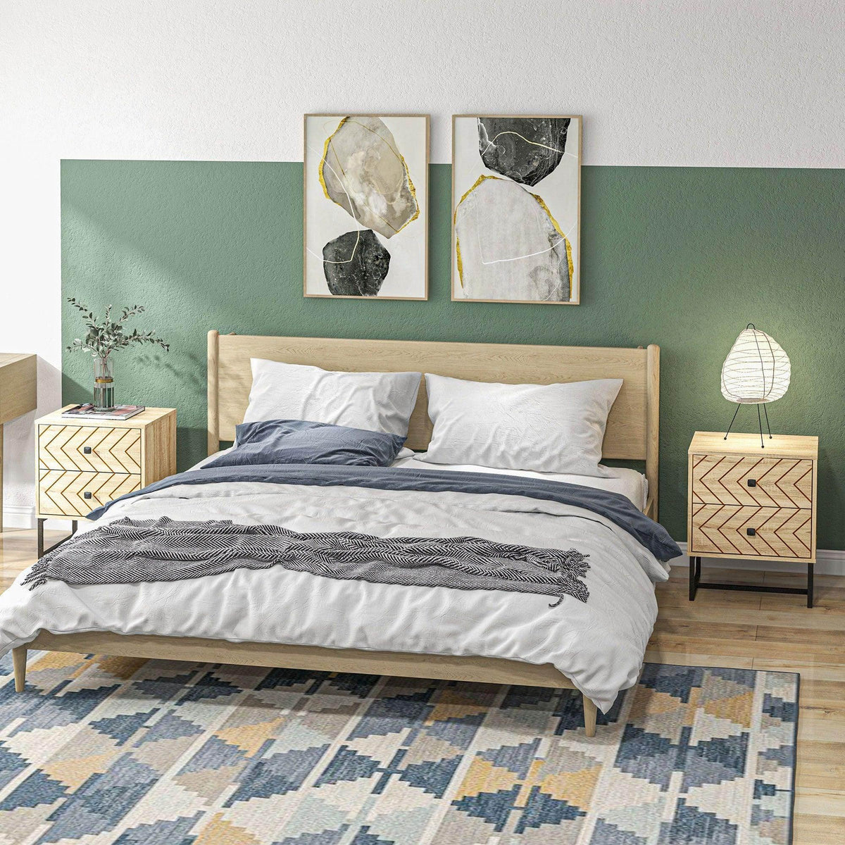 Wood nightstand pair with geometric drawers beside bed, black metal legs