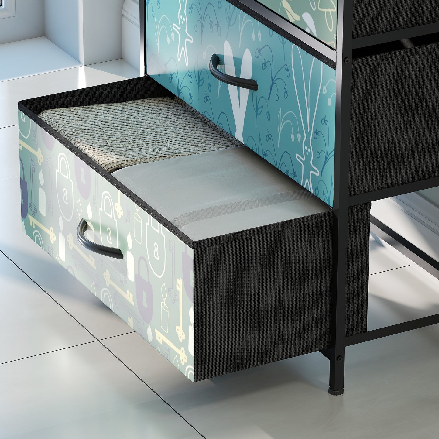 HOMCOM 4 Drawer Chest of Drawers in Blue with Removable Fabric Drawers and Patterned Panels for Stylish Bedroom Storage