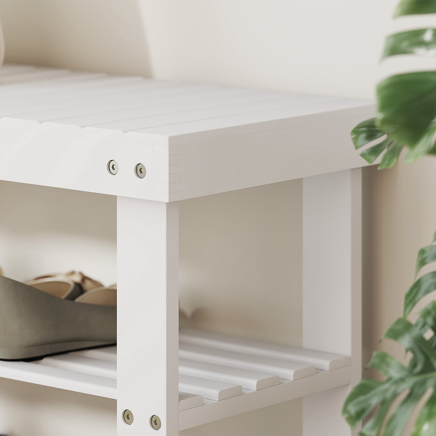 HOMCOM Bamboo Shoe Storage Bench With Two Shelves White Finish Ideal Entryway Organizer For Shoes And Boots