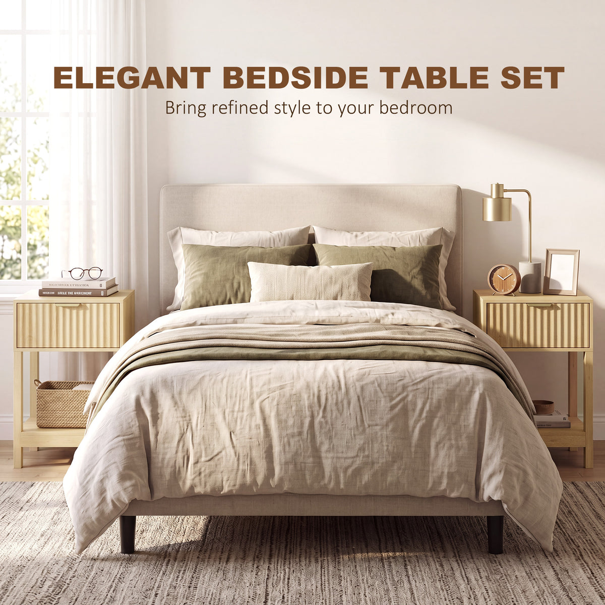 Oak bedside table set with fluted drawer fronts and open shelves