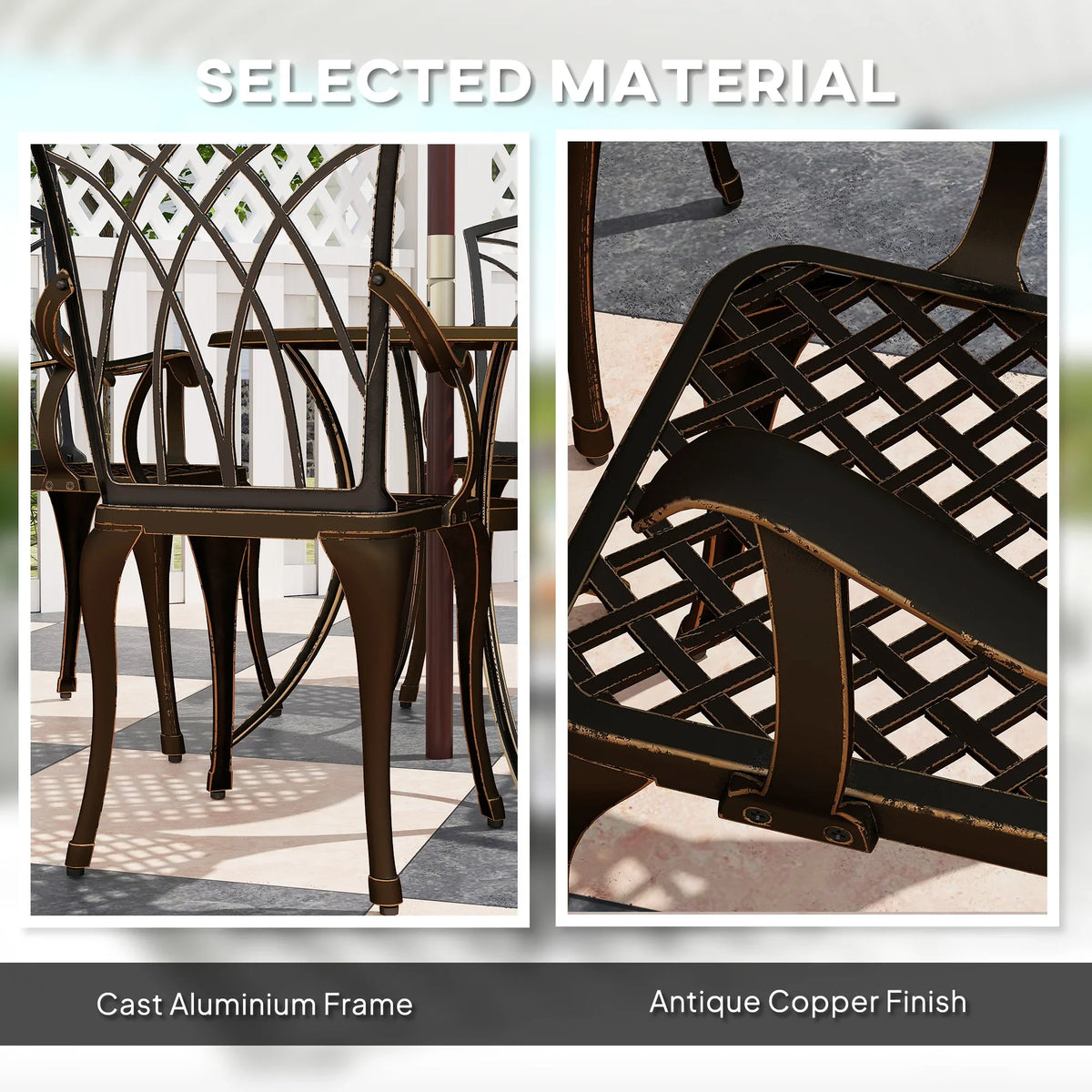 Bronze cast aluminum dining set with antique copper finish, lattice chair and seat slats
