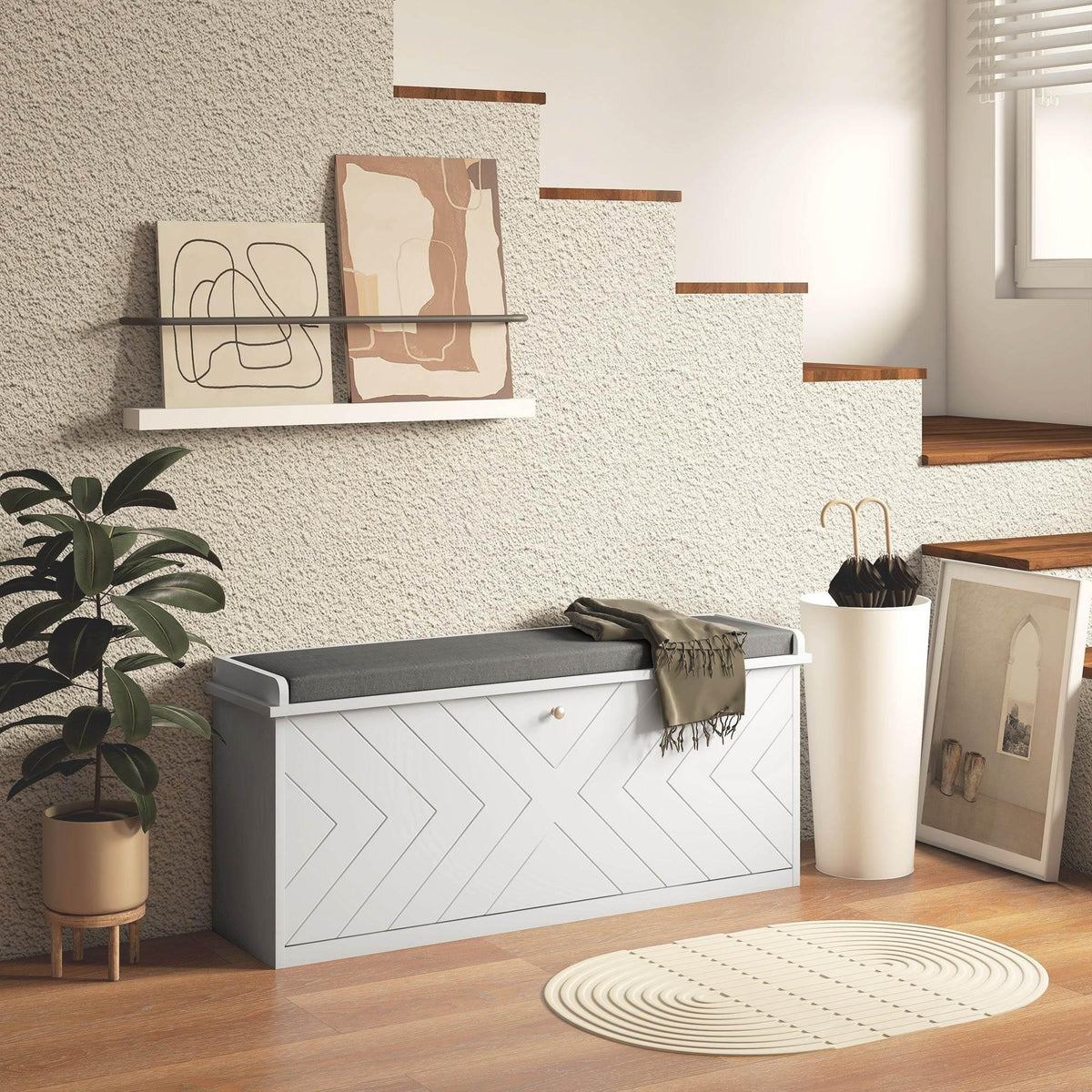 Upholstered shoe storage bench with gray cushioned top and white flip-front compartments.