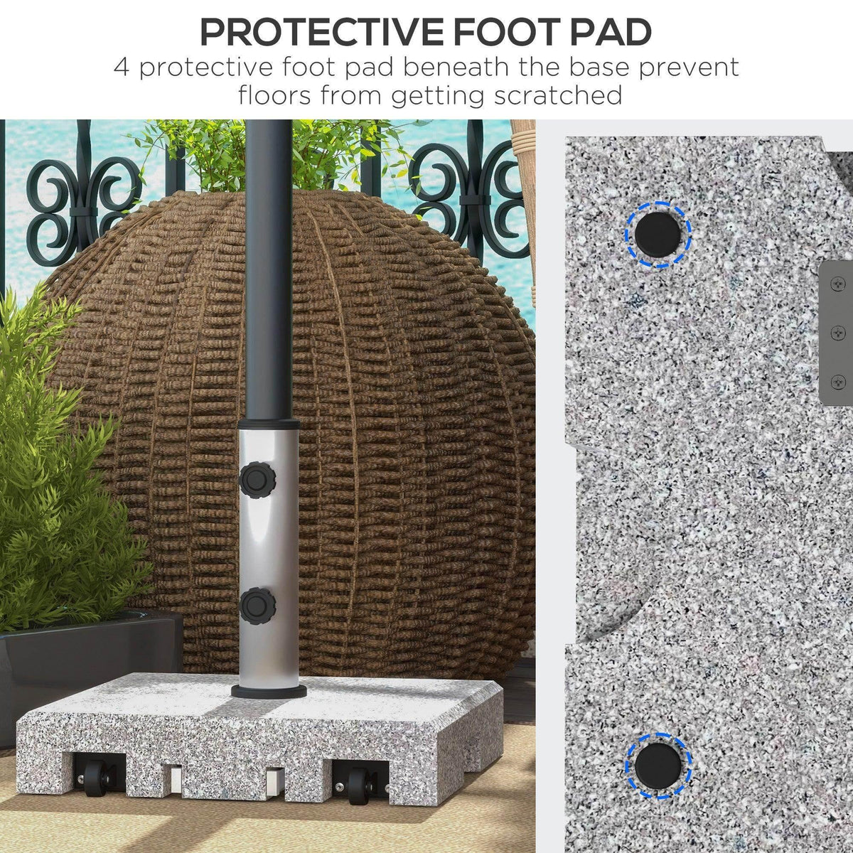 Granite umbrella stand with protective foot pads under the base.
