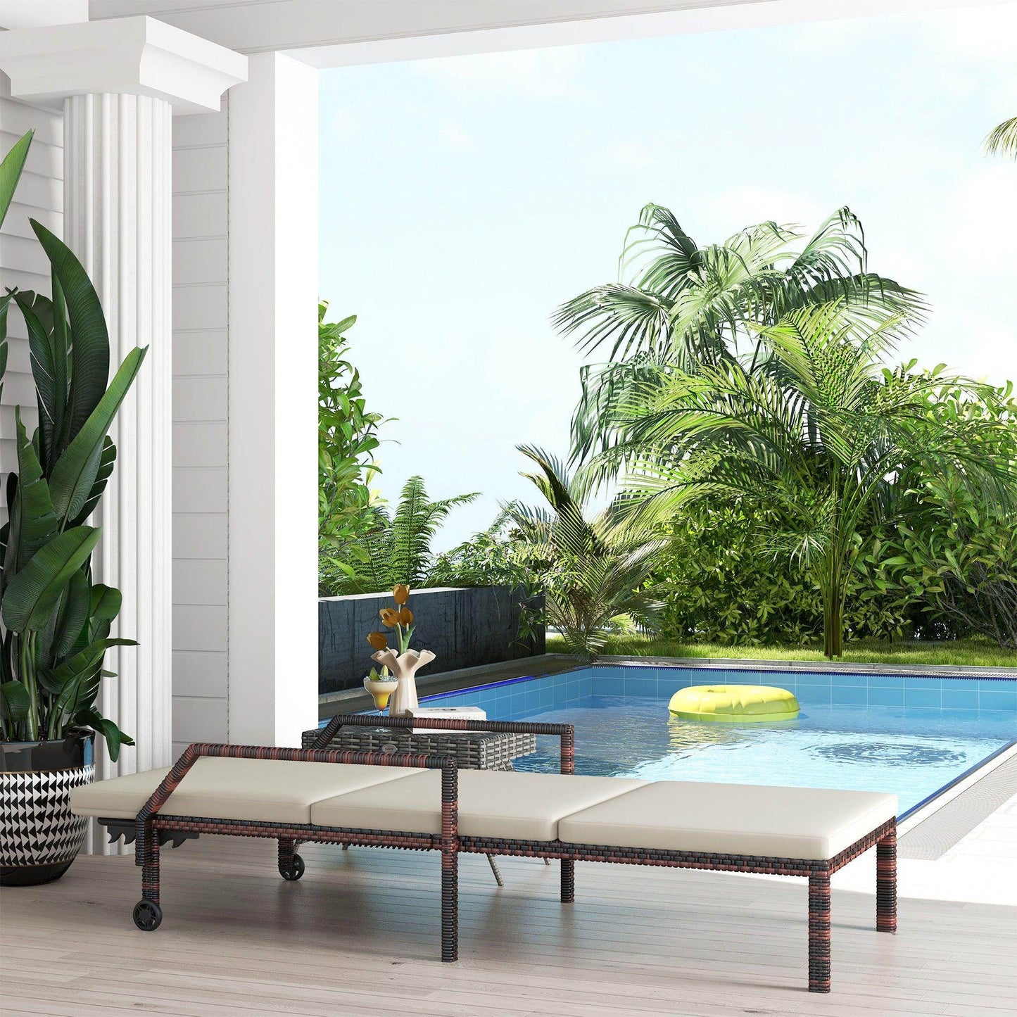 Outsunny Outdoor Sun Lounger, Rattan Wicker Chaise Recliner with 5-Level Adjustable Backrest and 2 Wheels - ALL4U RETAILER LTD