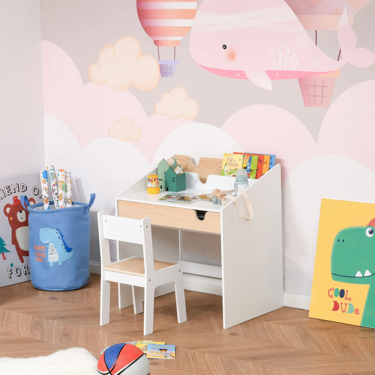 Kids desk and chair set with white frame, light wood tabletop, and open storage drawer