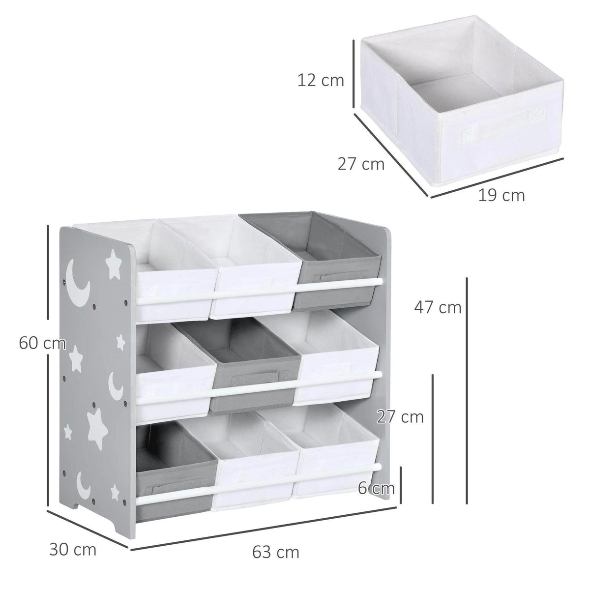 Gray 9-basket storage unit with three-row shelves and removable bins