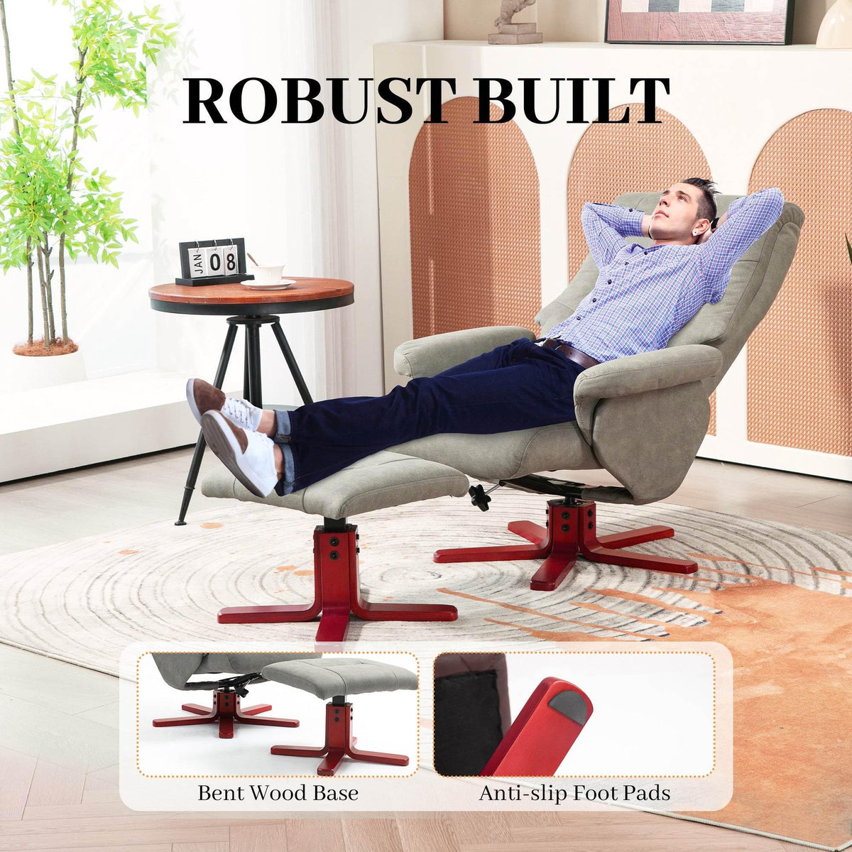 Grey manual recliner chair and footstool with red wooden base and anti-slip pads.