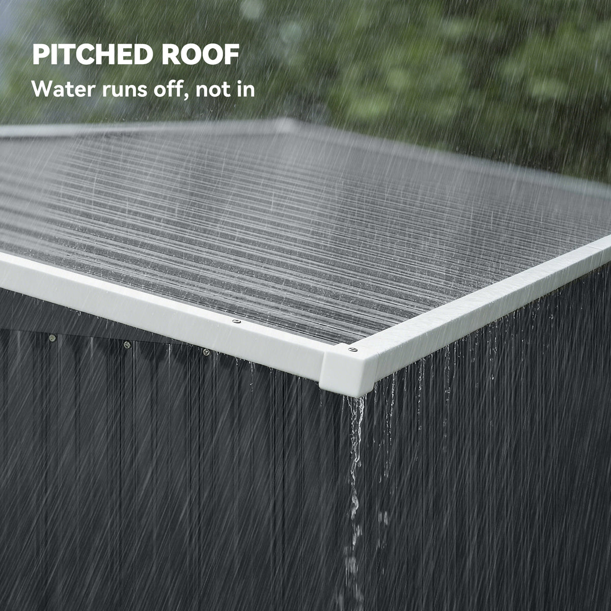 Dark grey metal shed corner with pitched roof edge for water runoff