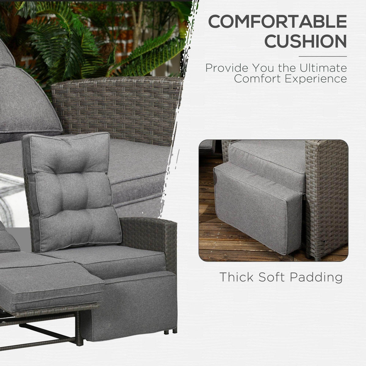 Grey cushioned rattan armchair with thick seat and backrest padding