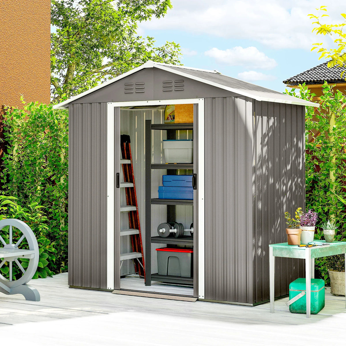 Light grey garden storage shed with double sliding doors open, showing shelves and tools