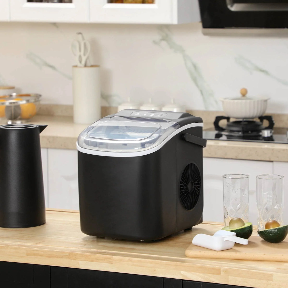 Black countertop ice maker machine with transparent lid and front side fan