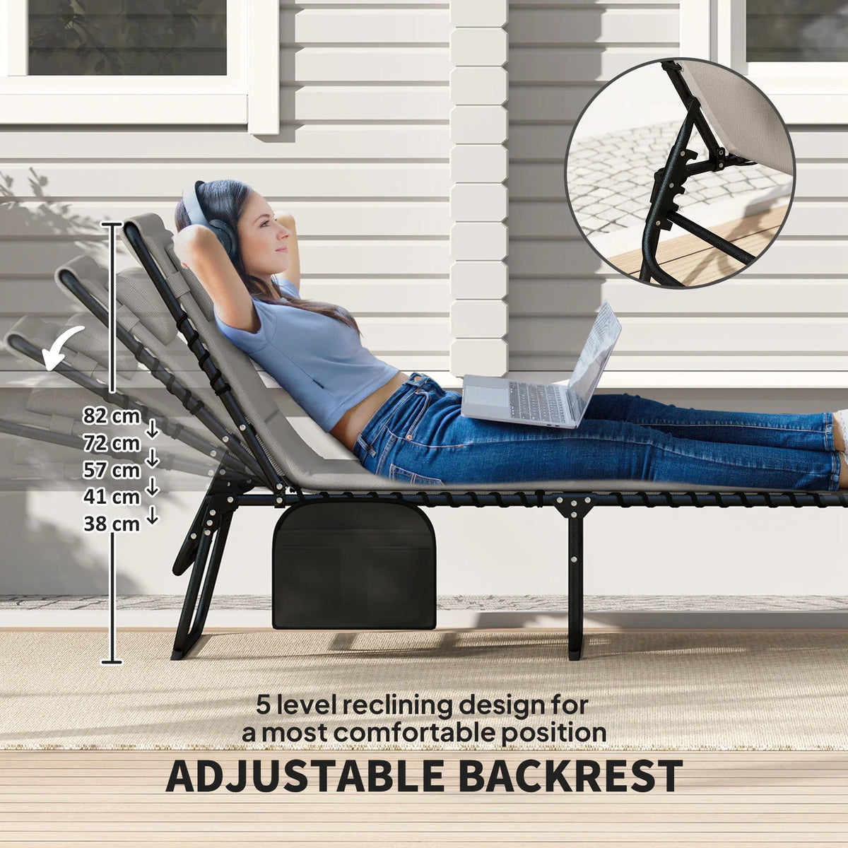 Light grey reclining sun lounger with five-level adjustable backrest and carry storage pocket
