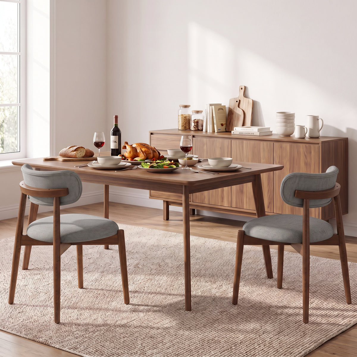 Pair of grey chenille dining chairs with curved backs and rubberwood legs