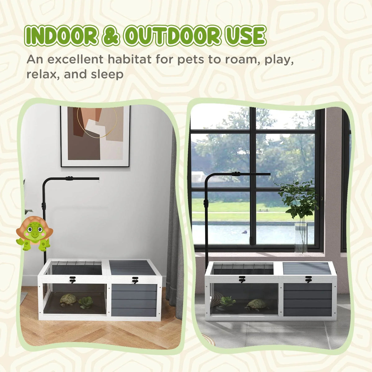 White and grey tortoise habitat with lamp stand and front doors for indoor/outdoor