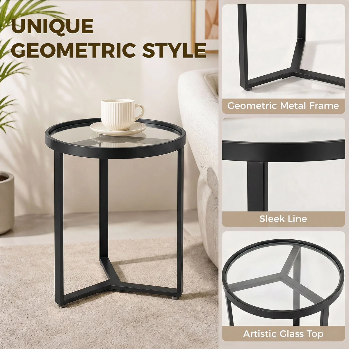 Black round side table with tempered glass top and geometric metal frame detail