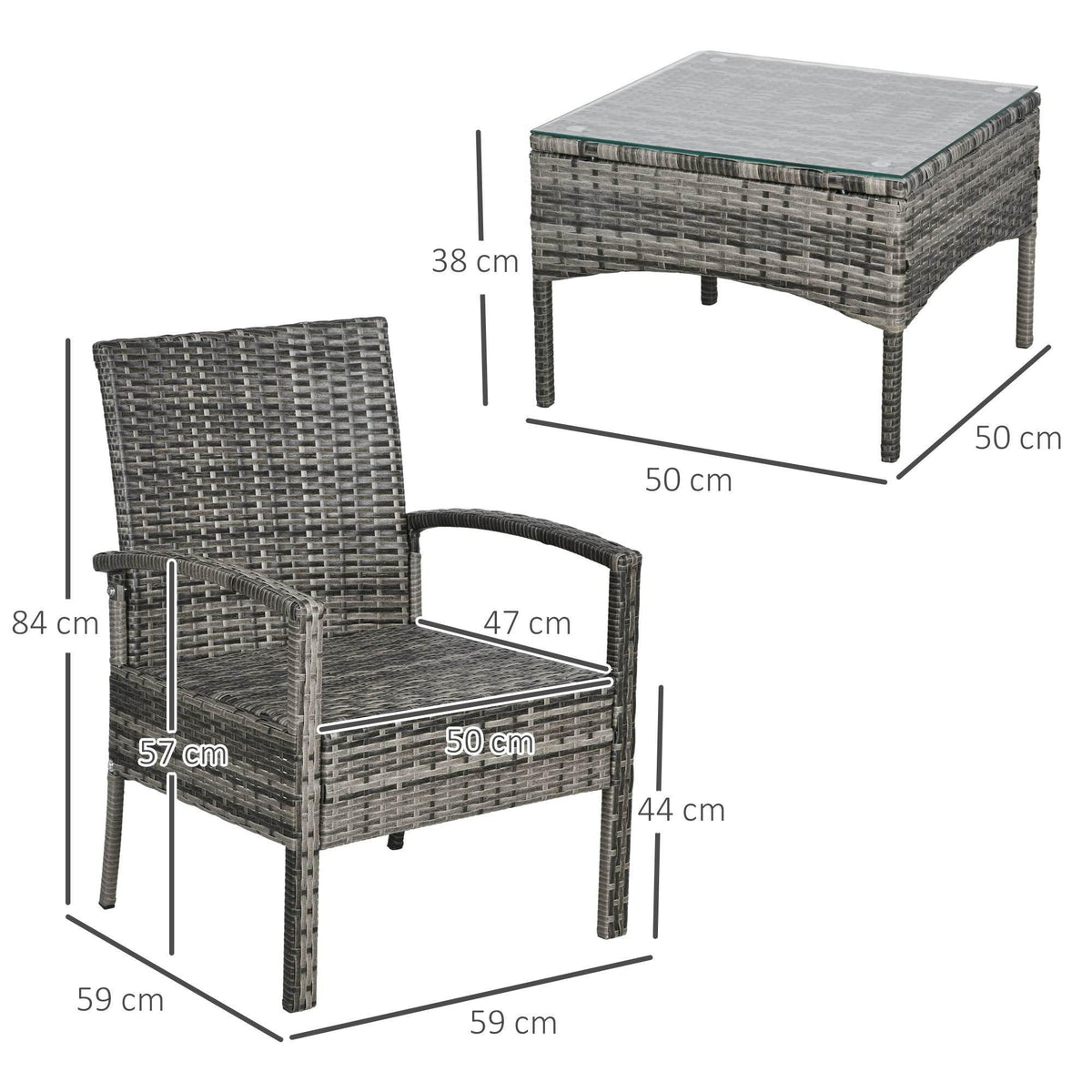 Grey rattan armchair with dark cushion, showing product dimensions