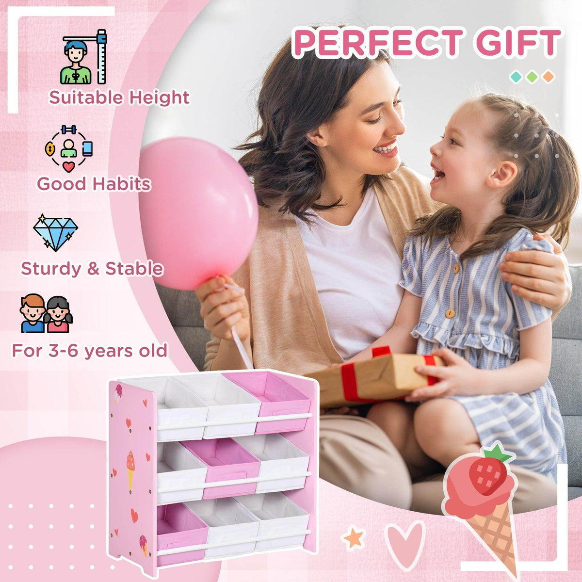 Pink kids storage unit with open shelves and removable white baskets