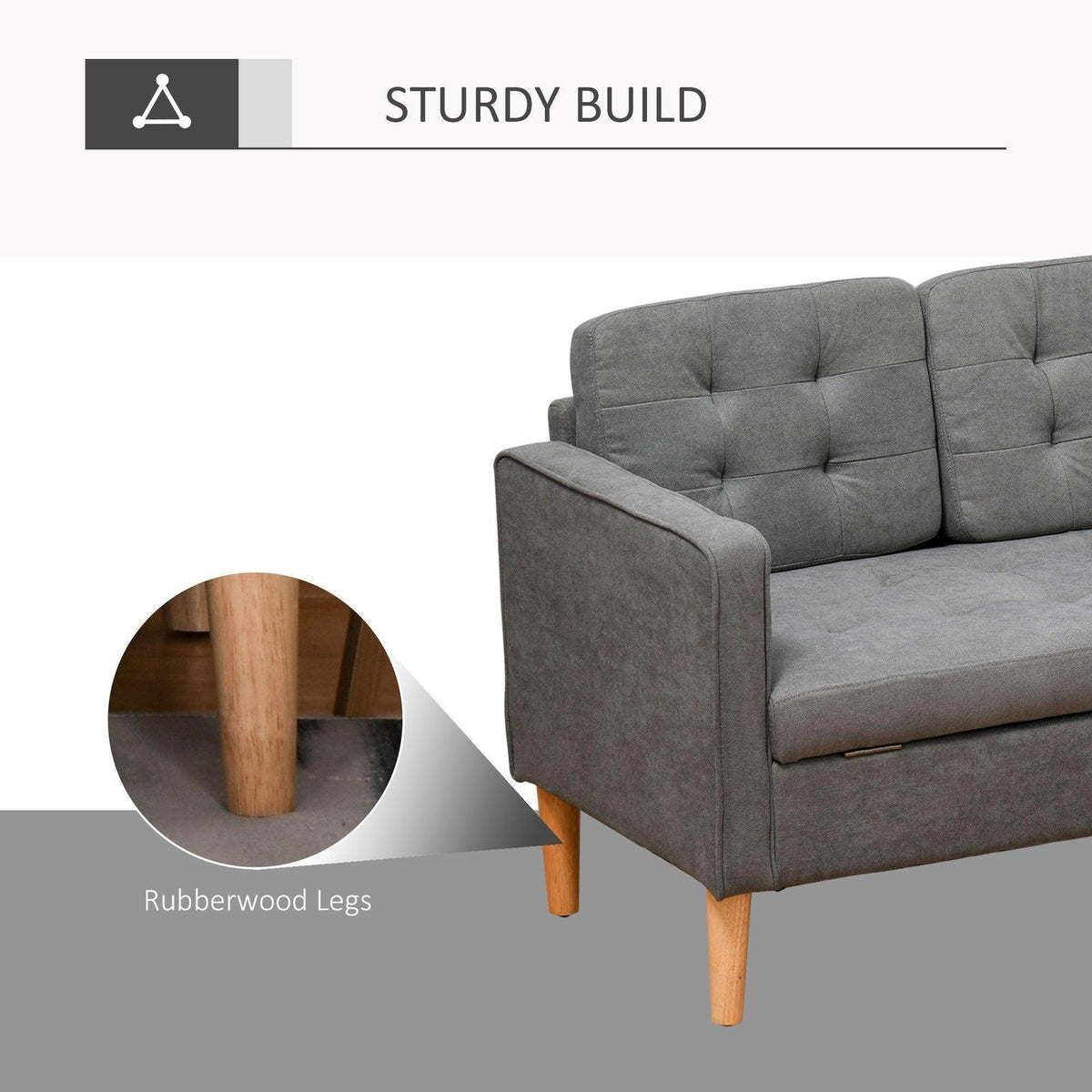 Grey 3-seat sofa with rubberwood legs and padded armrest, shown in side angle.