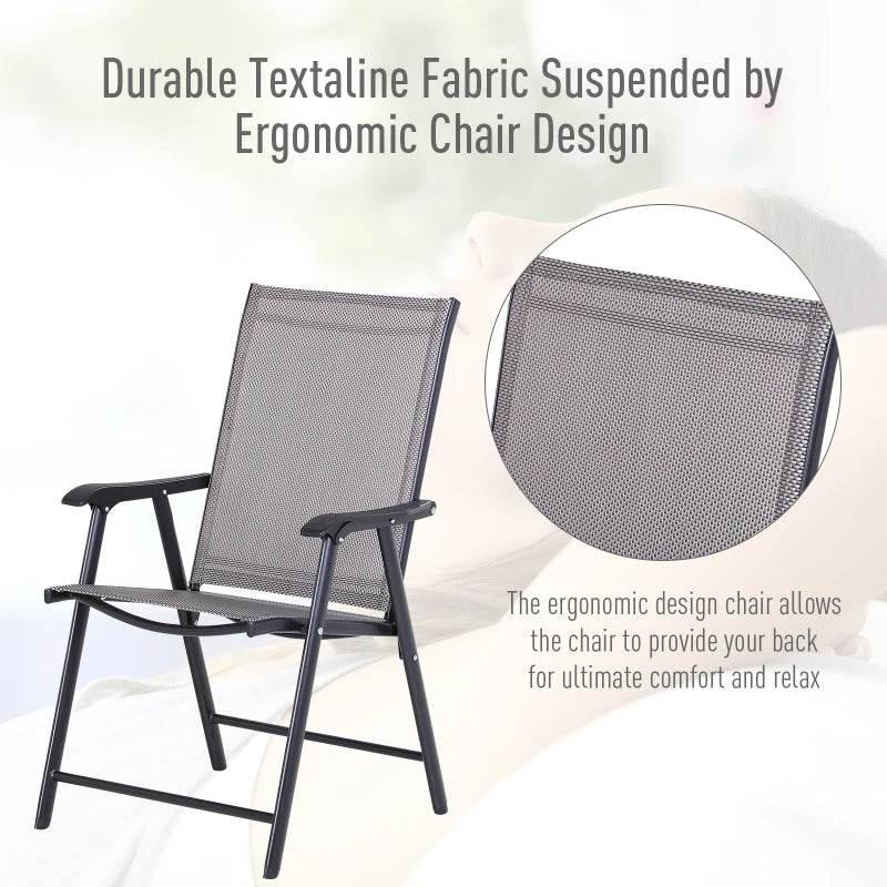 Grey mesh outdoor folding chair with armrests, textured seat close-up on black frame