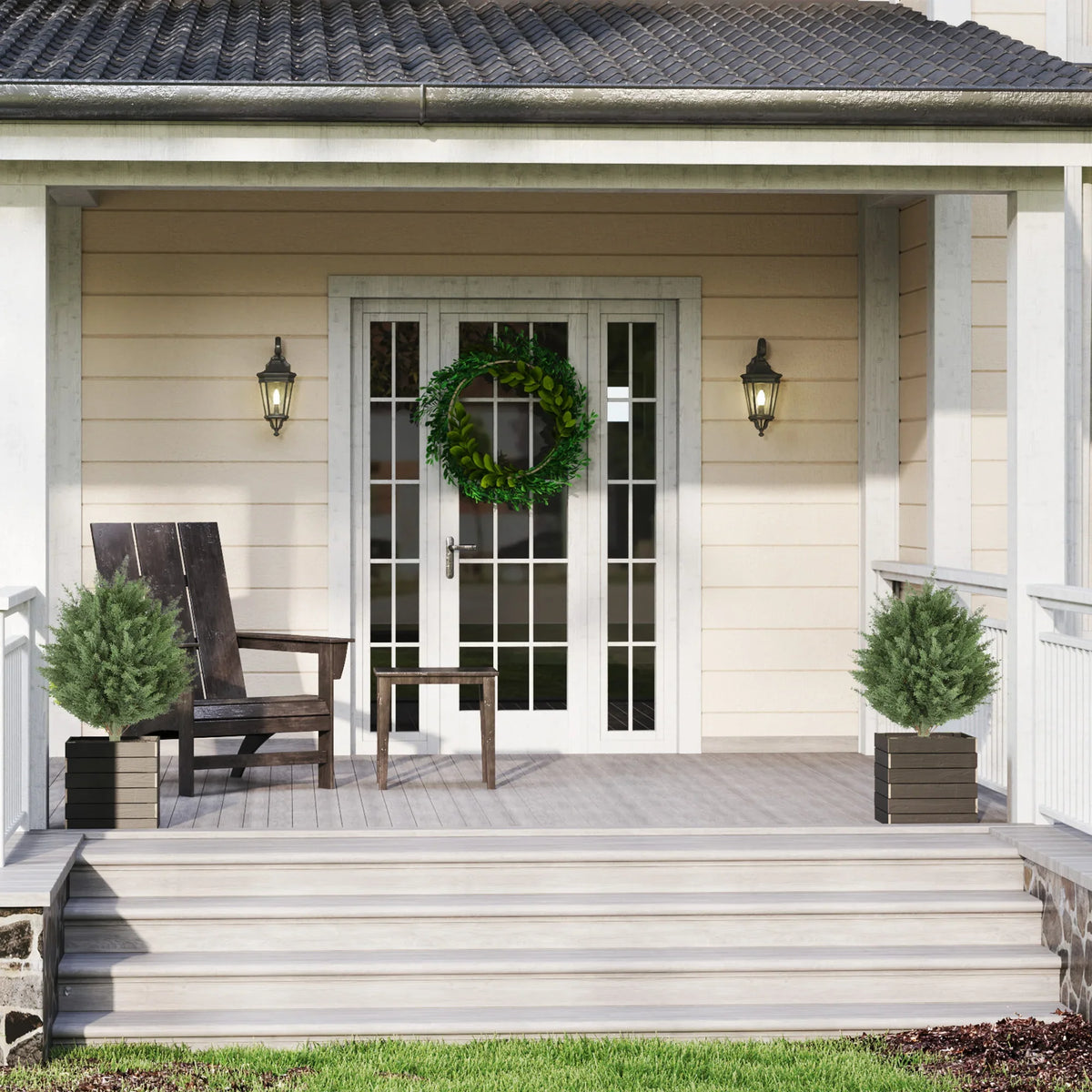 Two small green artificial cypress topiary trees in square planters