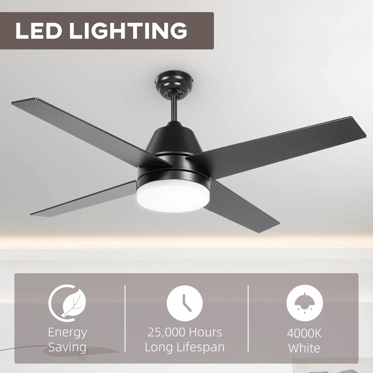Black 5-blade ceiling fan with LED light and modern ceiling mount