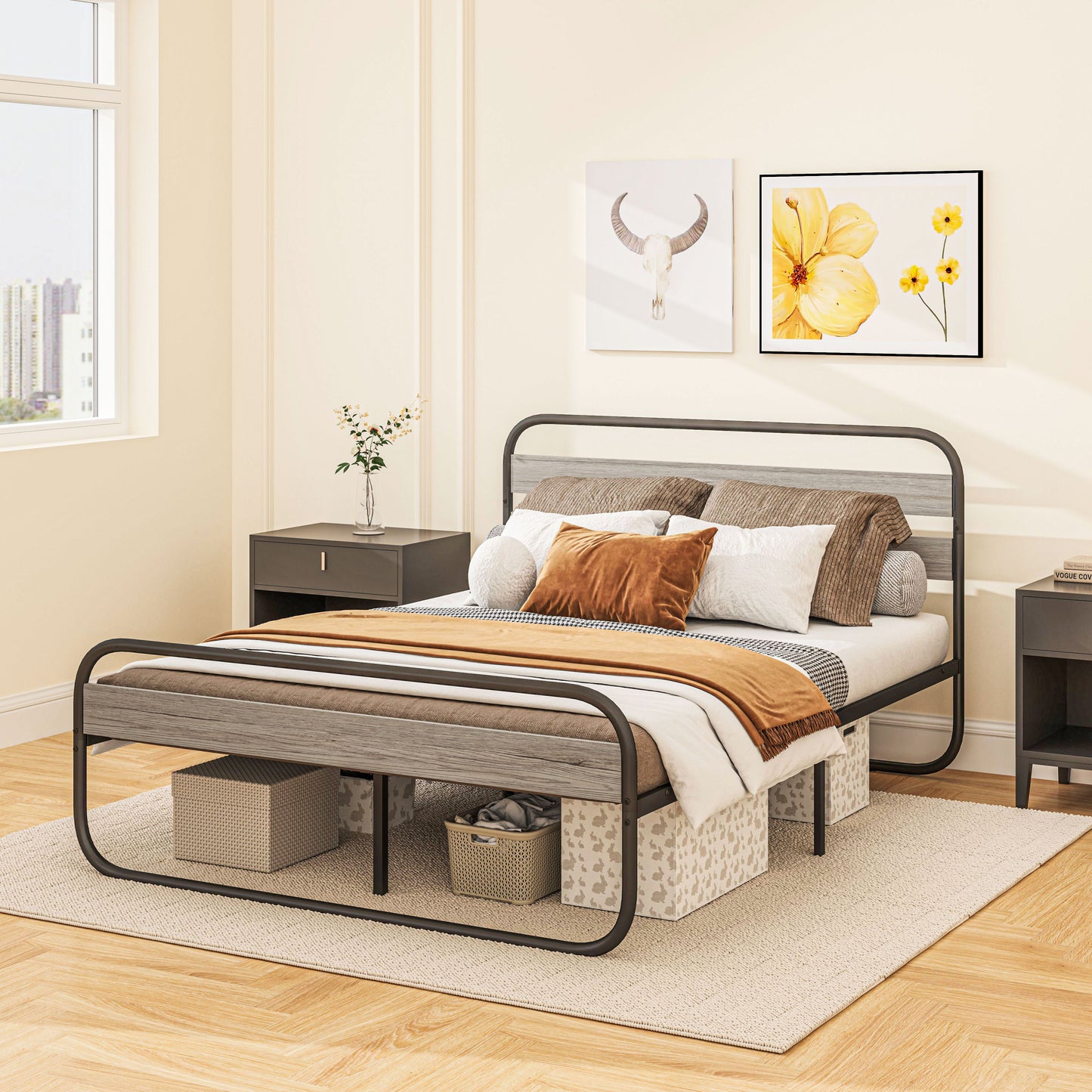 HOMCOM 4ft6 Double Bed Frame Metal Platform Bed With Under Bed Storage No Box Spring Needed Easy Assembly Grey
