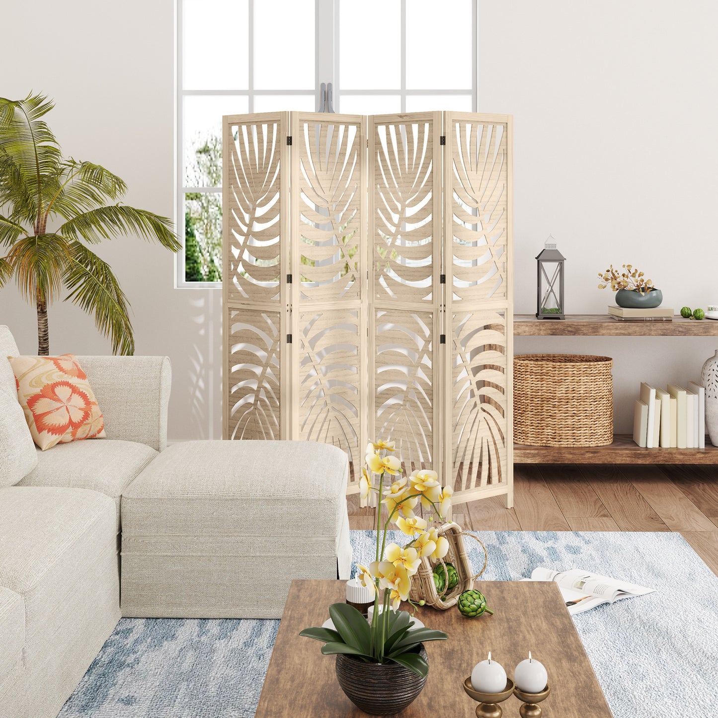 HOMCOM 4 Panel Privacy Screen Folding Room Divider Detachable Palm Leaf Design Natural Wood Finish For Home Office