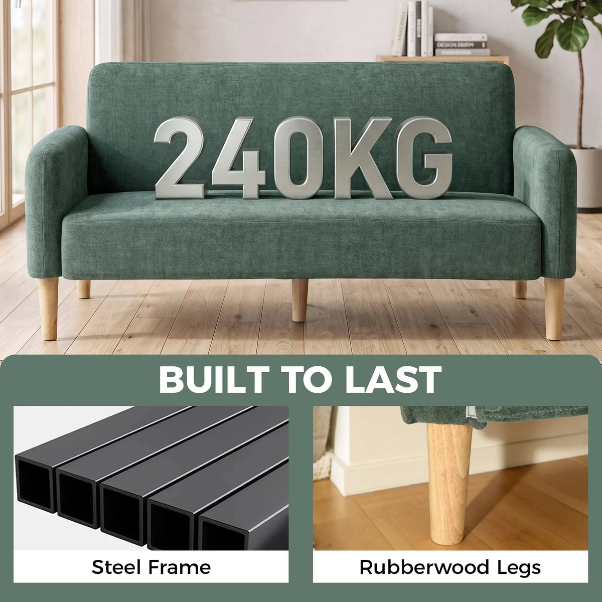 Dark green velvet 2-seater sofa with square cushions and tapered wooden legs