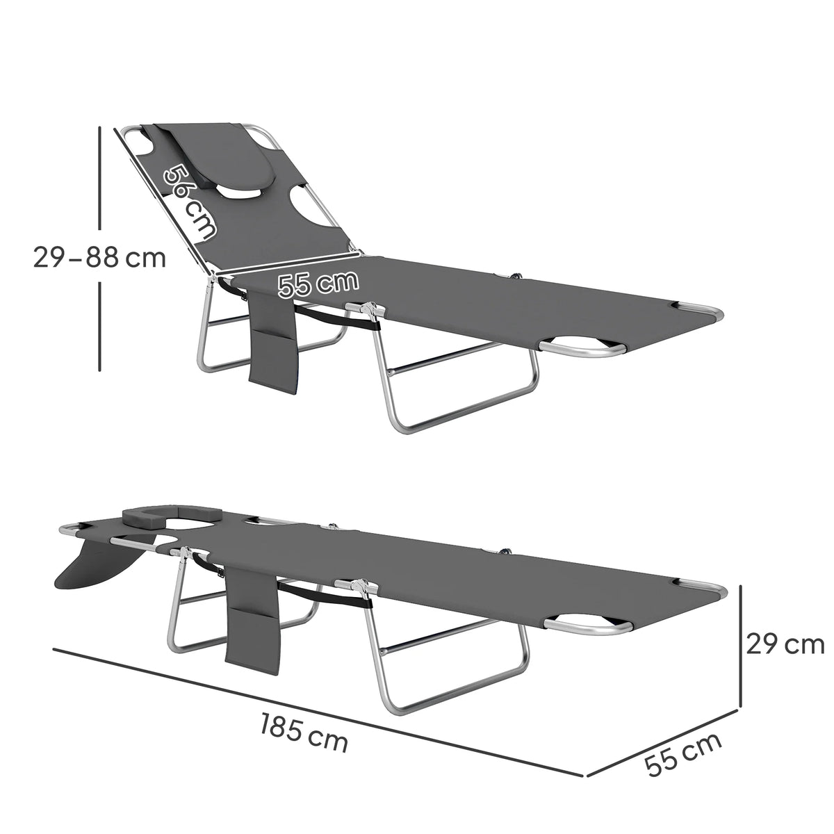 Foldable sun loungers with dark gray seat, reading hole, 5-position backrest and size diagram