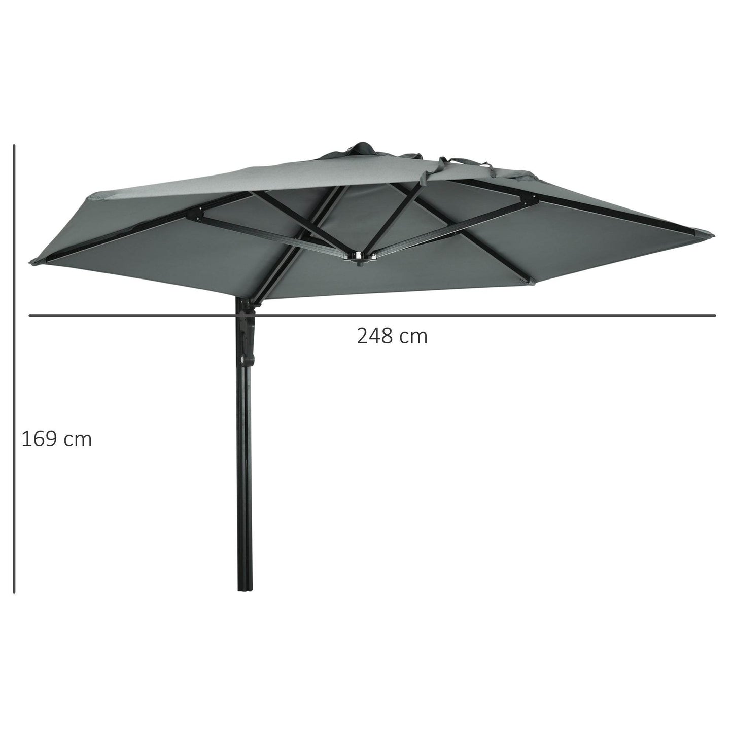 Wall-mounted patio umbrella with dark grey rotating canopy and cross ribs