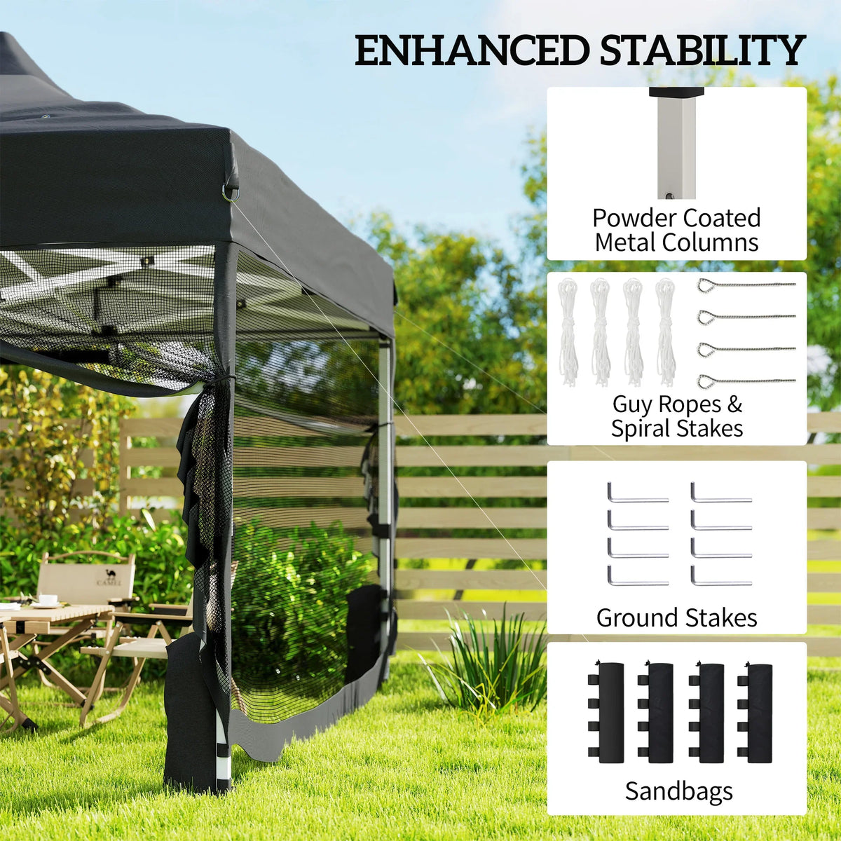 Black gazebo frame with support columns, guy ropes, stakes, and weighted sandbags