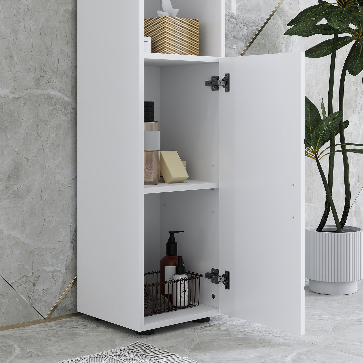Kleankin Line Embossed Tall Corner Slim Bathroom Storage Cabinet White Finish Fits Narrow Spaces