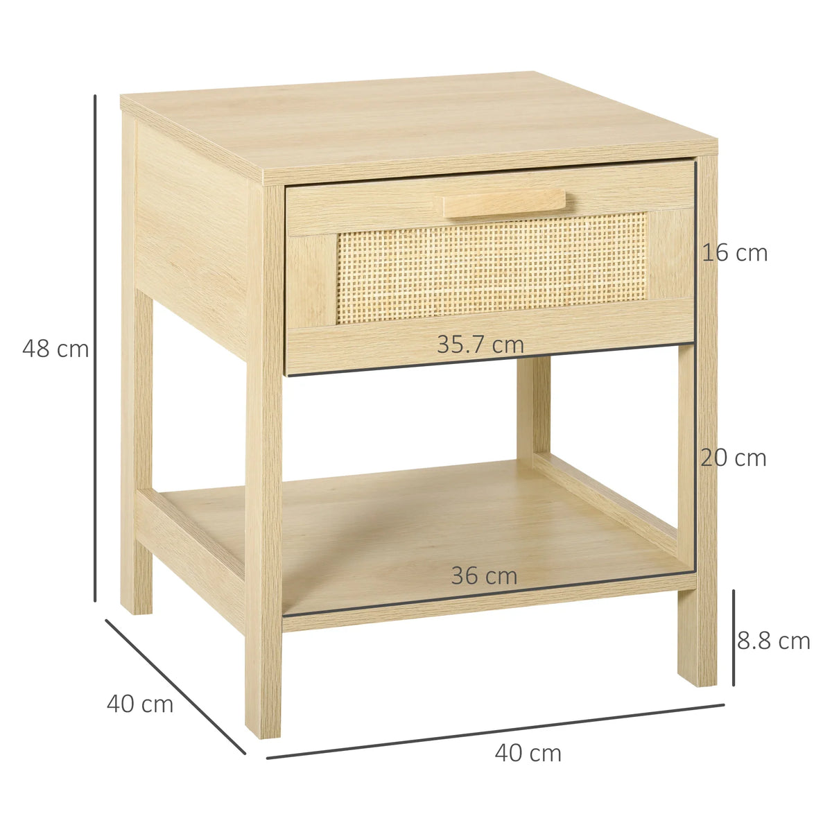 Natural rustic bedside table with rattan drawer, open shelf, and size measurements